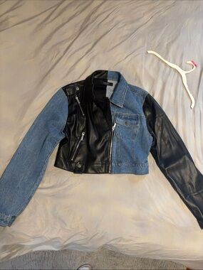 NEW without Tags Size L AKIRA Black & Blue Faux Leather & Denim Jacket Reg. 125.